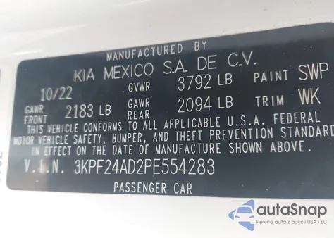 2023 Kia Forte Lxs from USA, damaged, VIN 3KPF24AD2PE554283